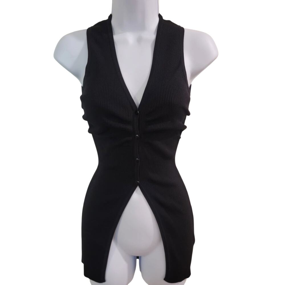 Zara Black Ribbed Longline Button Front Vest Size S Fits XS
